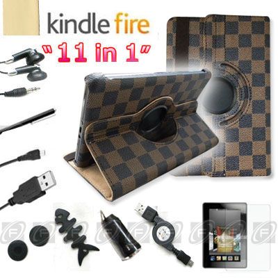 For Kindle Fire 360°Rotating Case Cover/Car Charger/USB Cable/Stylus 